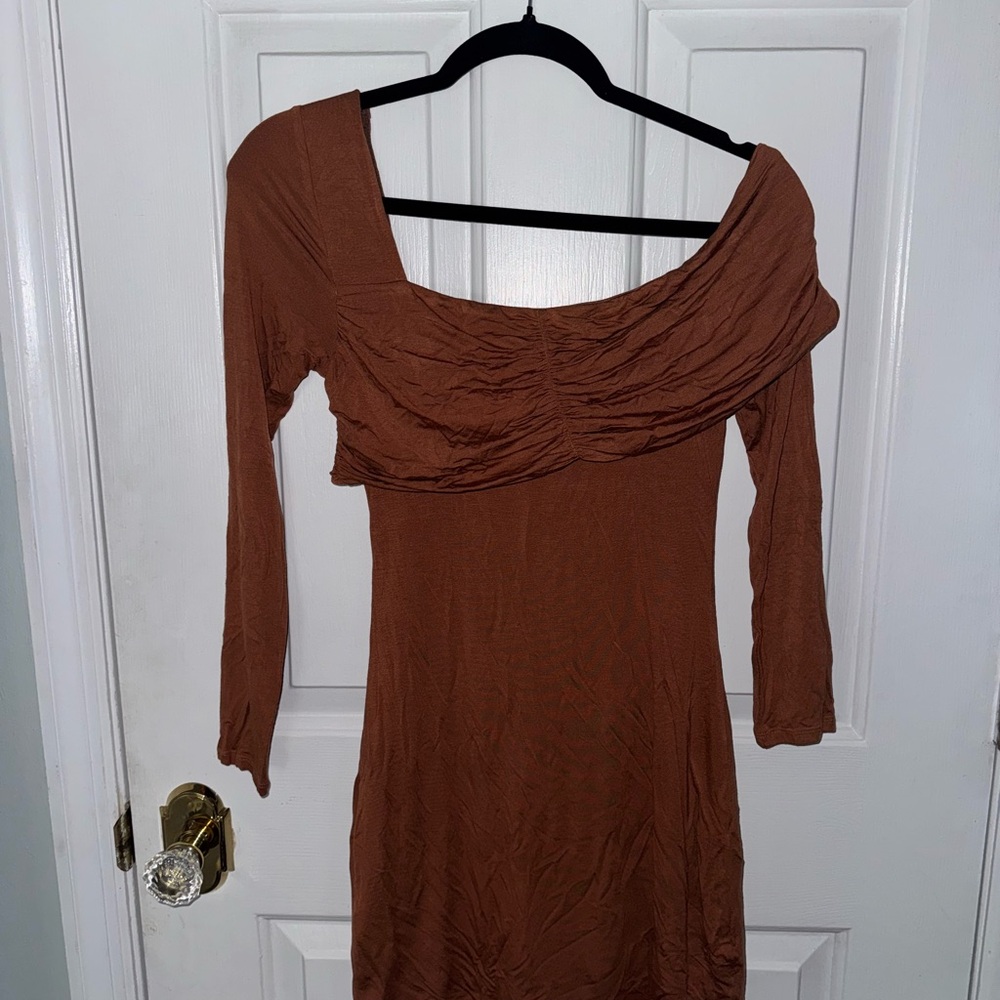 Privacy Please Brown Ribbed Off-Shoulder Bodycon Dress - Picture 3 of 3